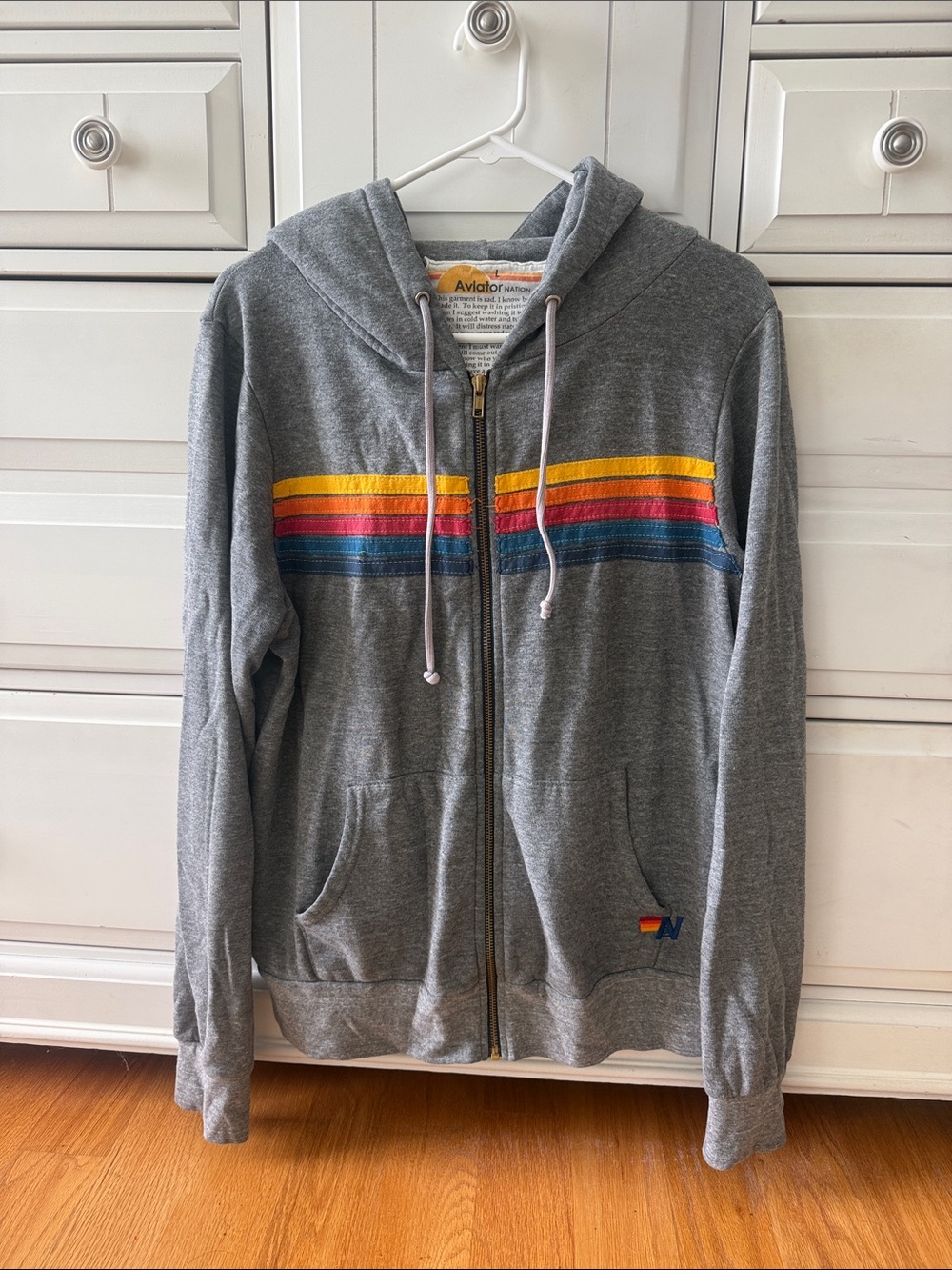 Aviator Nation Gray Zip Hoodie with Yellow, Orange, Red, Pink & Blue Stripes